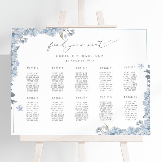 Elegant Blue Hydrangeas Wedding Seating Plan Foam Board (Creator Uploaded)