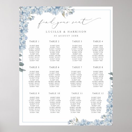 Elegant Blue Hydrangeas Wedding Seating Plan Poster