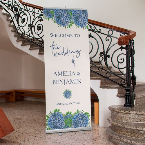 Elegant Blue Hydrangeas Wedding Welcome Retractable Banner