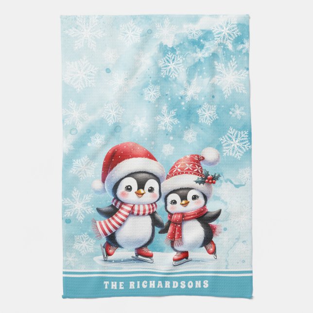 Elegant Blue Ice Skating Penguins Family Christmas Kitchen Towel (Vertical)