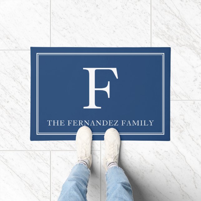 Elegant Blue Initial Family Name Doormat (Indoor)