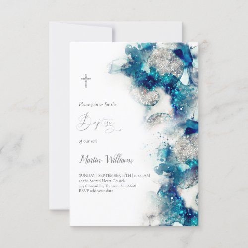elegant blue ink and FAUX glitter  Baptism  Invitation