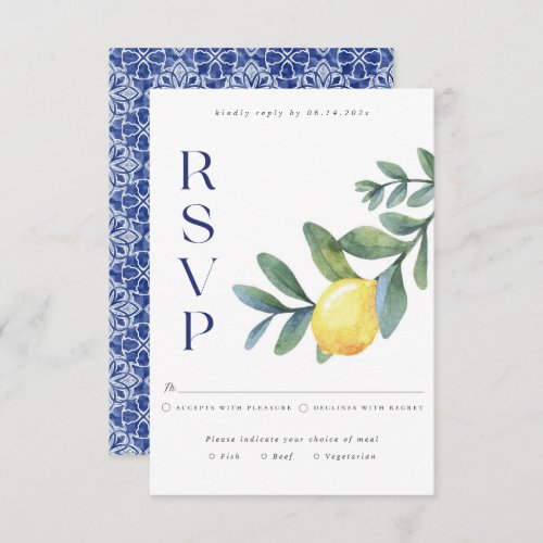Elegant Blue Italian Lemon botanical Wedding RSVP Enclosure Card