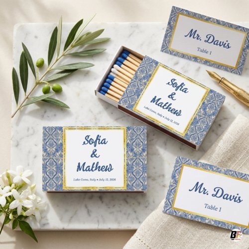 Elegant Blue Italian Majolica Tile Wedding Favor Matchboxes