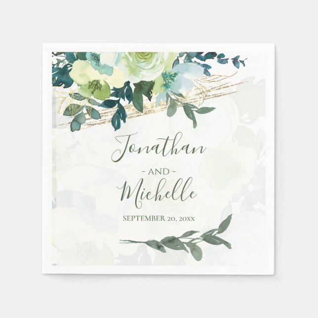 Elegant Blue Ivory Gold Turquoise Floral Wedding Napkins (Front)