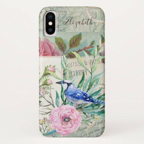 Elegant Blue Jay Bird Vintage Pink Floral and Name iPhone X Case