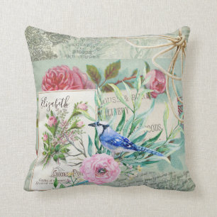 Elegant Blue Jay Bird Vintage Pink Floral and Name Throw Pillow