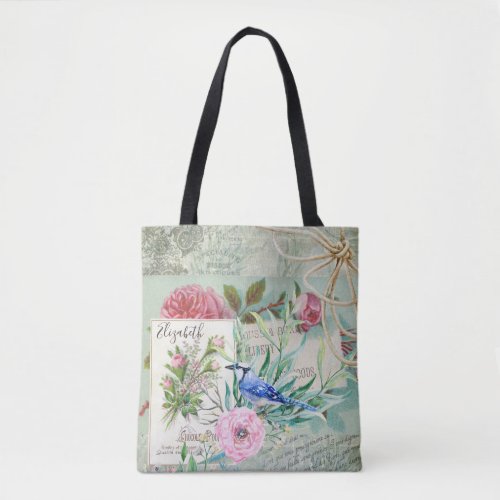 Elegant Blue Jay Bird Vintage Pink Floral and Name Tote Bag