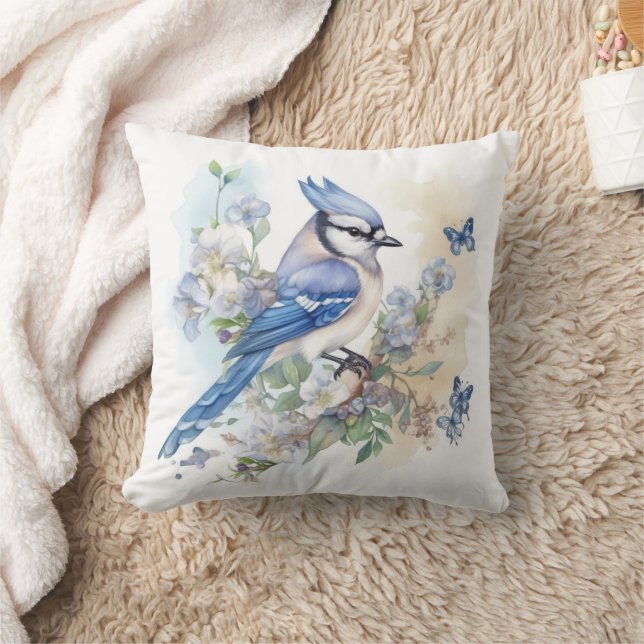 Elegant Blue Jay Butterflies Painting  Throw Pillow (Blanket)