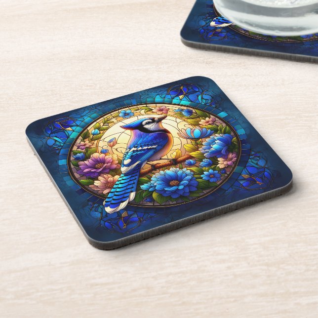 Elegant Blue Jay Stained Glass Nature-Inspired  Beverage Coaster (Left Side)
