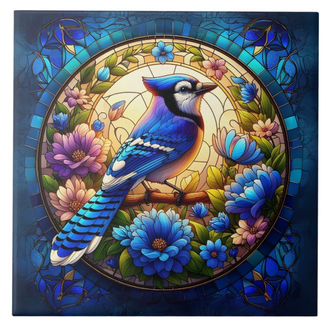 Elegant Blue Jay Stained Glass Nature-Inspired  Ceramic Tile (Front)