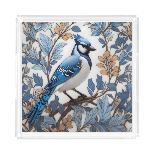 Elegant Blue Jay William Morris Inspired Acrylic Tray (Front)