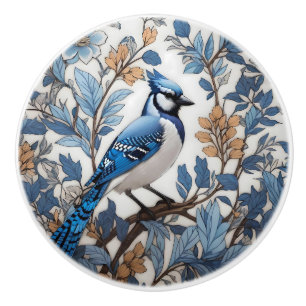 Elegant Blue Jay William Morris Inspired Ceramic Knob