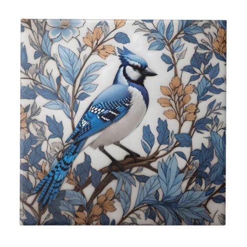 Elegant Blue Jay William Morris Inspired Ceramic Tile