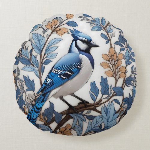 Elegant Blue Jay William Morris Inspired Round Pillow