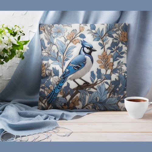 Elegant Blue Jay William Morris Inspired Throw Pillow