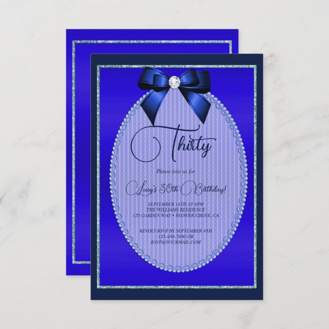 Elegant Blue Jewel Bow Birthday Invitation (Front/Back)