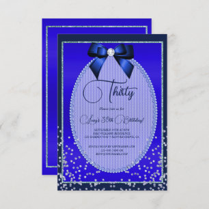Elegant Blue Jewel Bow & Confetti Birthday Invitation