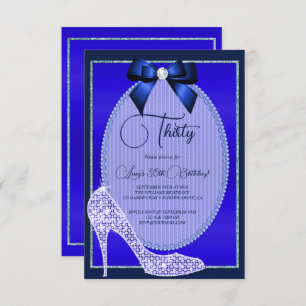 Elegant Blue Jewel Bow & Stiletto Birthday Invitation