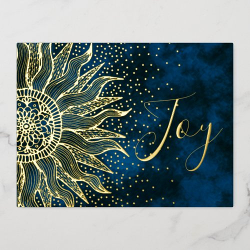 Elegant Blue Joy Boho Sun Mandala Christmas Gold Foil Holiday Postcard