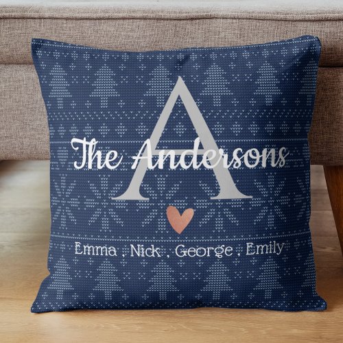 Elegant Blue Knit Pattern Family Name Monogram Throw Pillow