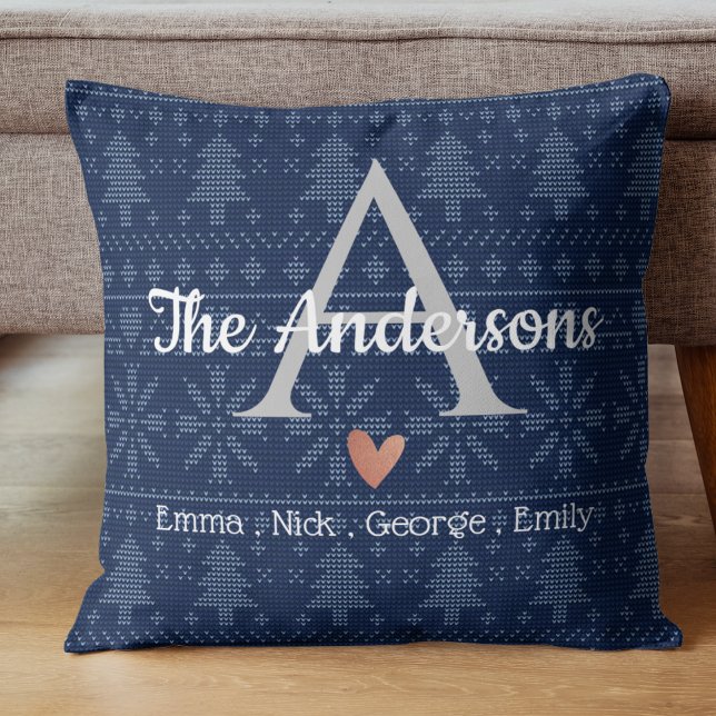 Elegant Blue Knit Pattern Family Name Monogram Throw Pillow (Elegant Blue Knit Pattern Family Name Monogram Throw Pillow)