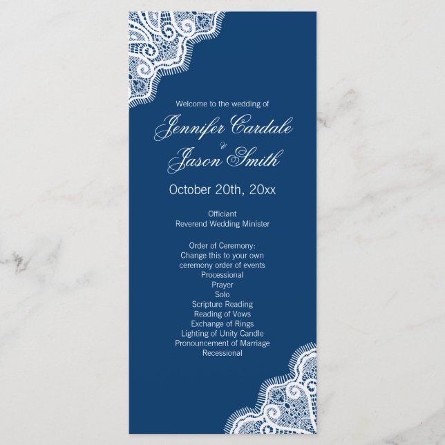 Elegant Blue Lace Edge Vertical Wedding Programs (Front)