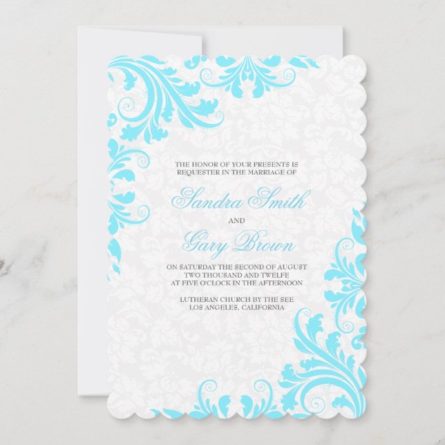 Elegant Blue Lace White Damasks Wedding Invite (Front)