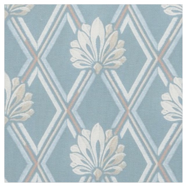 Elegant Blue Lattice Ivory Feather Fans Pattern Fabric (Close Up)