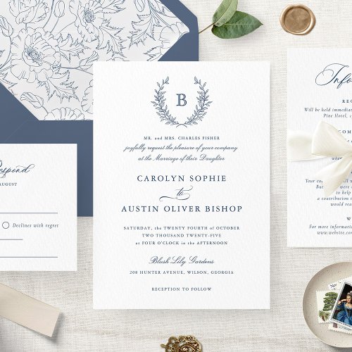 Elegant Blue Laurel Wreath Wedding Monogram Crest  Invitation