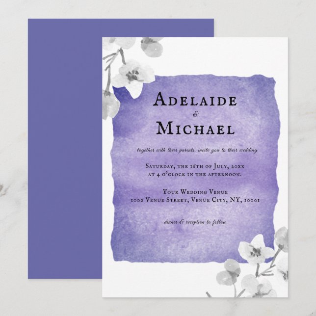 Elegant Blue Lavender Floral Watercolor Wedding Invitation (Front/Back)