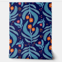 Elegant Blue Leaf Orange Red Floral Plants Patter