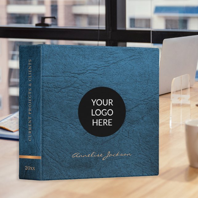 Elegant blue leather gold custom logo luxury 3 ring binder (Creator Uploaded)
