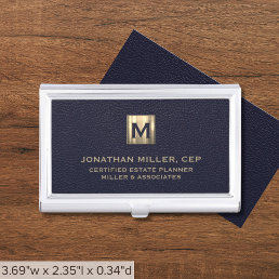 Elegant Blue Leather Gold Initial Logo Business Card Case