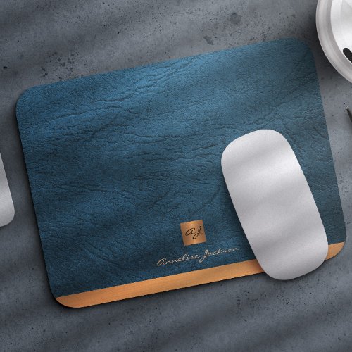 Elegant blue leather gold initial monogrammed mouse pad