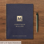 Elegant Blue Leather Gold Initial Notebook at Zazzle