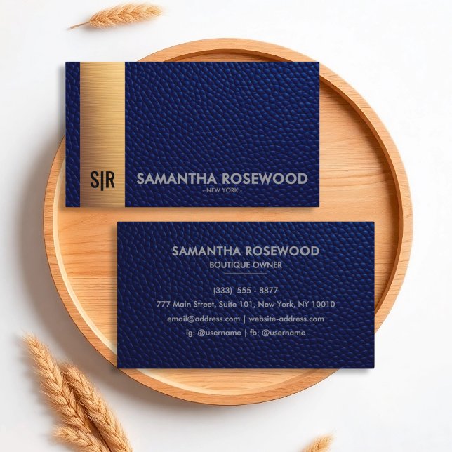 Elegant Blue Leather & Gold Luxe Business Card (Creator Uploaded)
