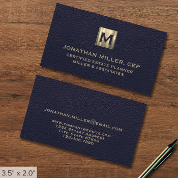 Elegant Blue Leather Luxury Gold Initial Logo Business Card by kisasa_home at Zazzle