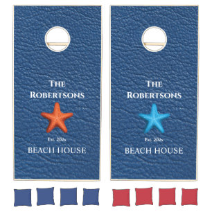 Elegant Blue Leather Starfish Name Beach House Cornhole Set