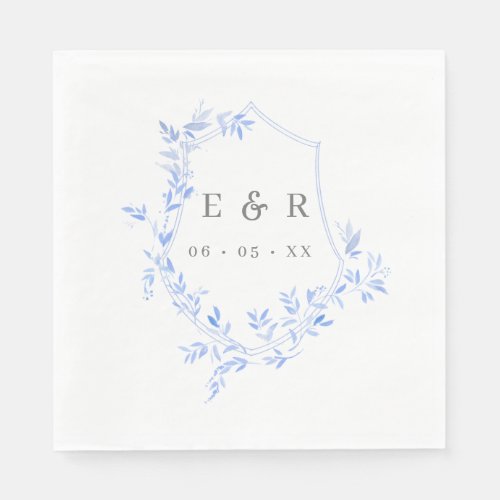 Elegant Blue Leaves Crest Wedding Monogram  Napkins