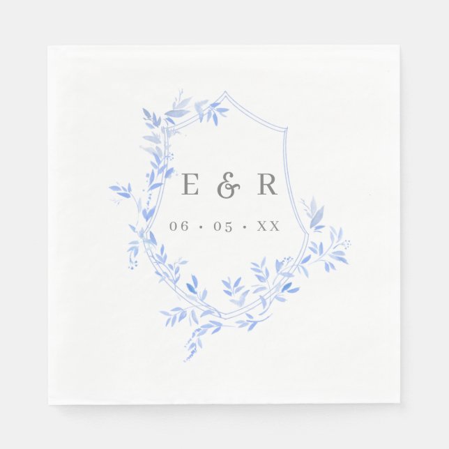 Elegant Blue Leaves Crest Wedding Monogram  Napkins (Front)