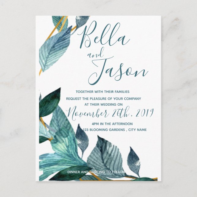 Elegant Blue Leaves Script Wedding Invitation (Front)