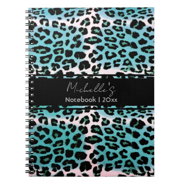 Elegant Blue Leopard Animal Print Personalized Notebook (Front)