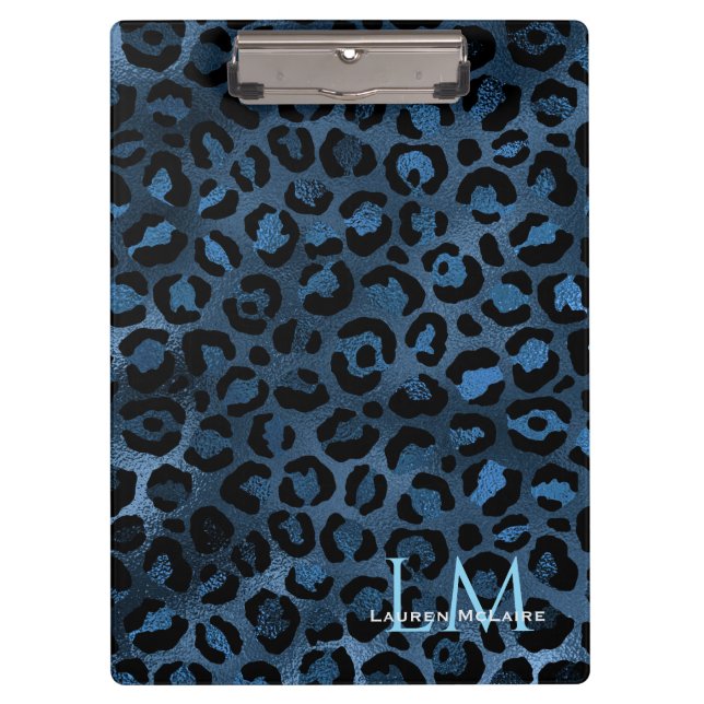 Elegant Blue Leopard Personalized Clipboard (Front)