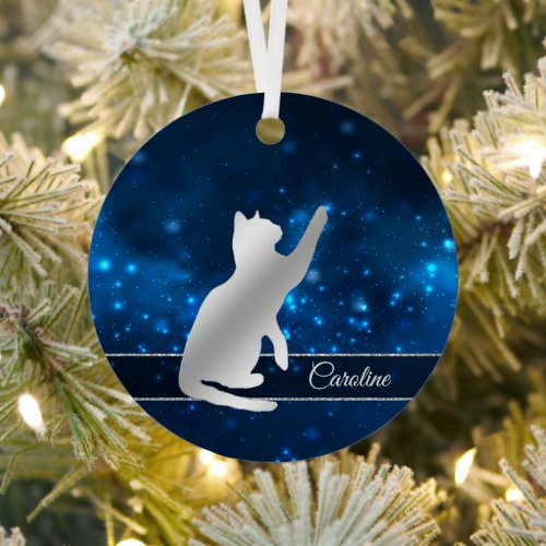 Elegant Blue Lights Silhouette Silver Playful Cat Metal Ornament