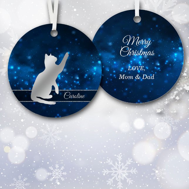 Elegant Blue Lights Silhouette Silver Playful Cat Metal Ornament (Creator Uploaded)