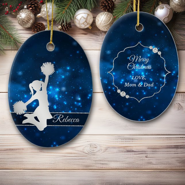 Elegant Blue Lights Silver Cheer Leader Ceramic Ornament (Creator Uploaded)