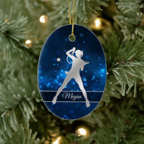 Elegant Blue Lights Silver Female Tennis Player Ceramic Ornament