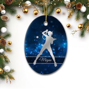 Elegant Blue Lights Silver Female Tennis Player Ceramic Ornament