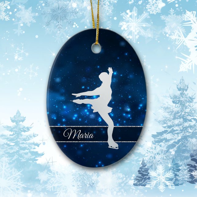 Elegant Blue Lights Silver Ice Skater Ceramic Ornament (Creator Uploaded)